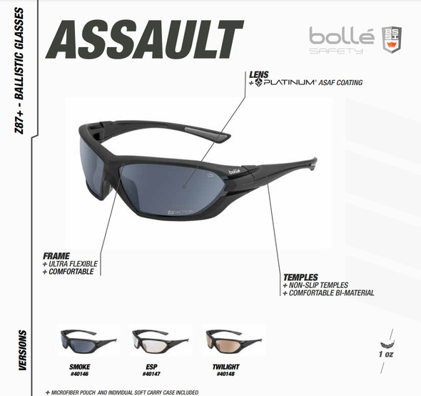Bolle Assault Tactical Safety Glasses with Matte Black Frame and Twilight Anti-Fog Lens 40148 Features
