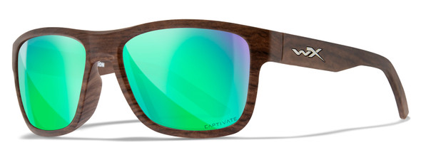 Wiley X Ovation Safety Sunglasses with Matte Woodgrain Frame and Captivate Polarized Green Mirror Lens AC6OVN07