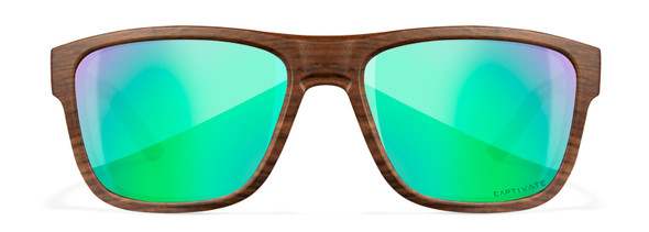 Wiley X Ovation Safety Sunglasses with Matte Woodgrain Frame and Captivate Polarized Green Mirror Lens AC6OVN07 - Front View